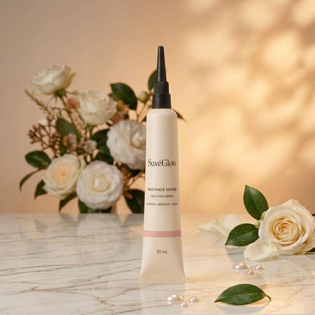 A tube of SaveGlow Radiance Serum stands on a light marble surface with white roses and green leaves in the background, creating a soft, warm, and natural aesthetic.