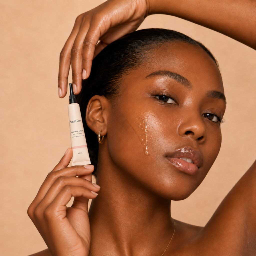 A close-up lifestyle shot of a model holding a tube of Lancôe skincare product against a warm beige background.