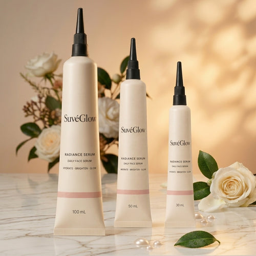 Three SuveGlow Radiance Serum daily face serum tubes in 100 mL, 50 mL, and 30 mL sizes, arranged on a marble surface with white roses and green leaves against a warm beige background.