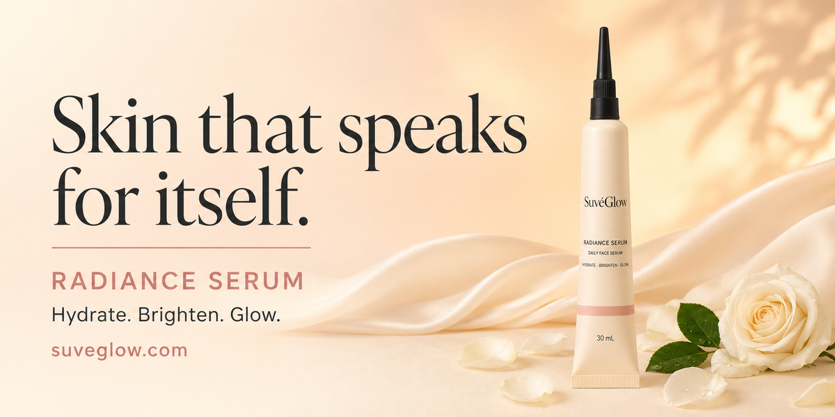 SuveGlow Radiance Serum tube standing upright on a soft beige surface with draped satin fabric, scattered rose petals, and a white rose. Large text reads 'Skin that speaks for itself.