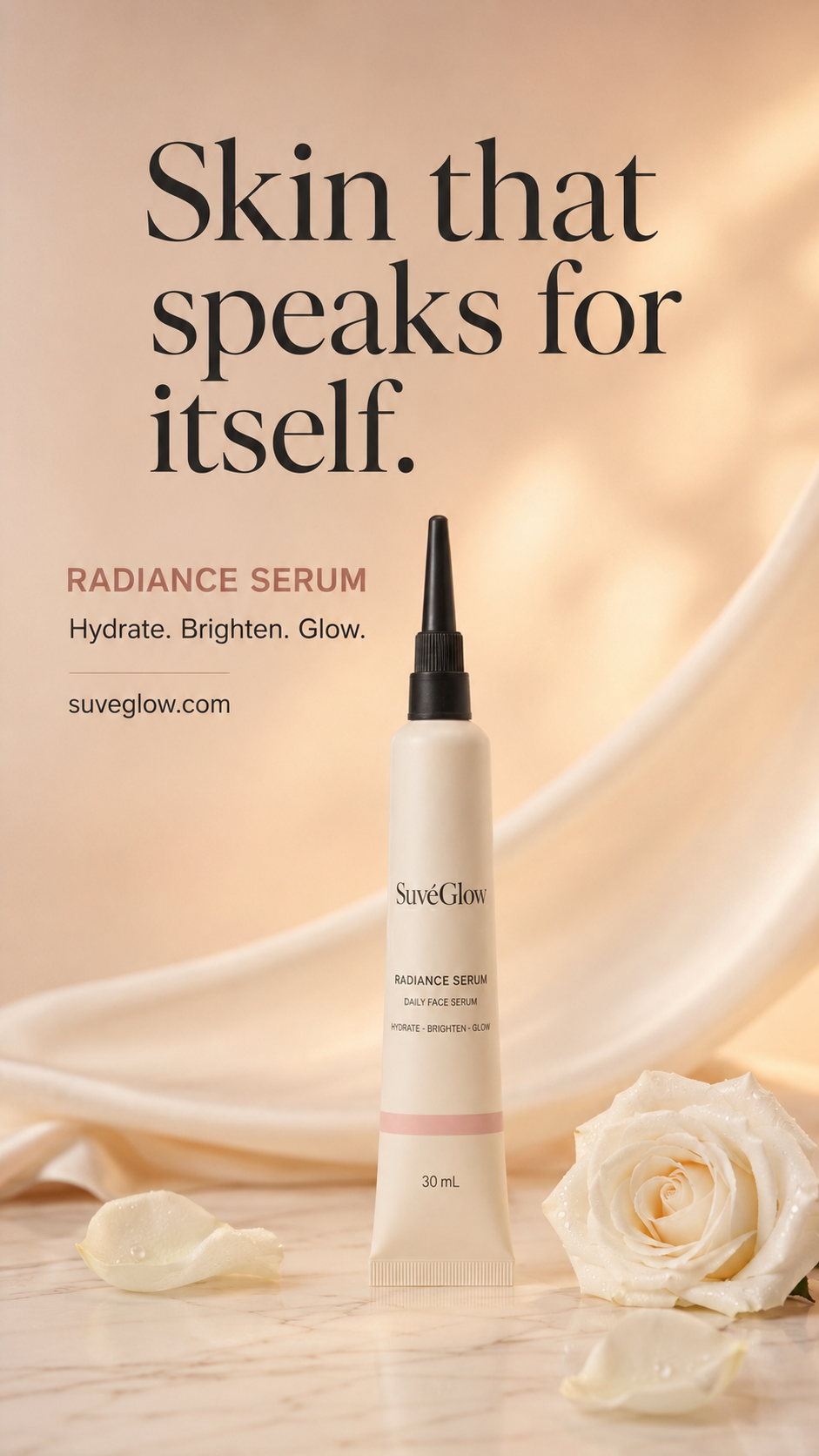 SuveGlow Radiance Serum tube standing upright on a marble surface with a draped satin cloth and a white rose in the background. Large text reads 'Skin that speaks for itself.