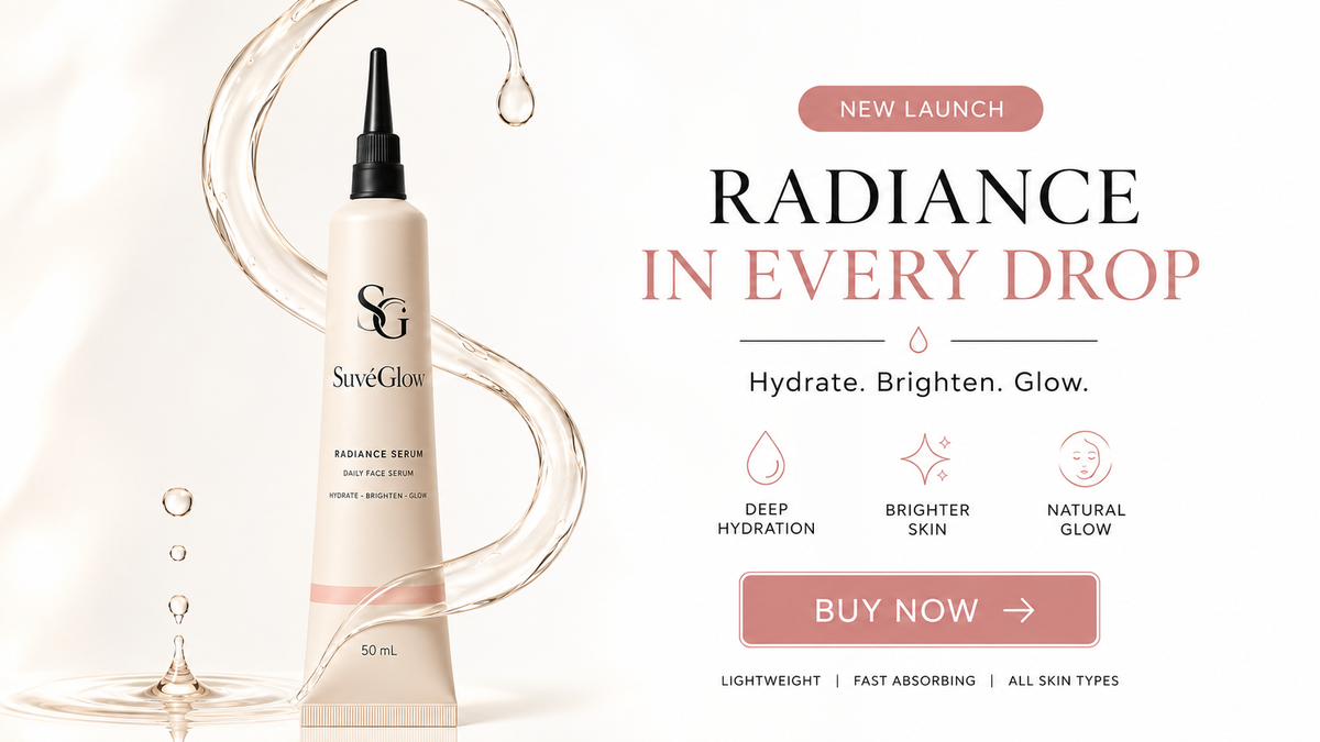 SaveGlow Radiance Reviver face mask tube displayed on a clean white background with decorative liquid droplets and promotional text reading 'RADIANCE IN EVERY DROP' and 'BUY NOW'.