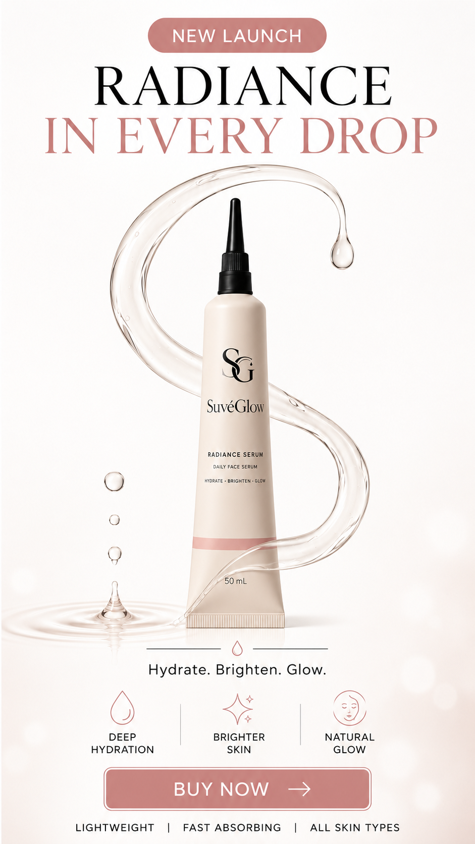 SaveGlow Radiance Serum in a 70ml squeeze tube with a black applicator cap, set against a clean off-white background with decorative liquid droplets and promotional text.