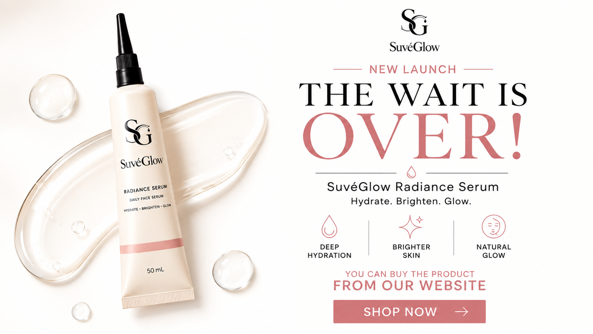 SuvéGlow Radiance Serum 50 mL tube shown on a clean white promotional graphic with decorative liquid swirls and text reading 'THE WAIT IS OVER!' and 'SHOP NOW'.